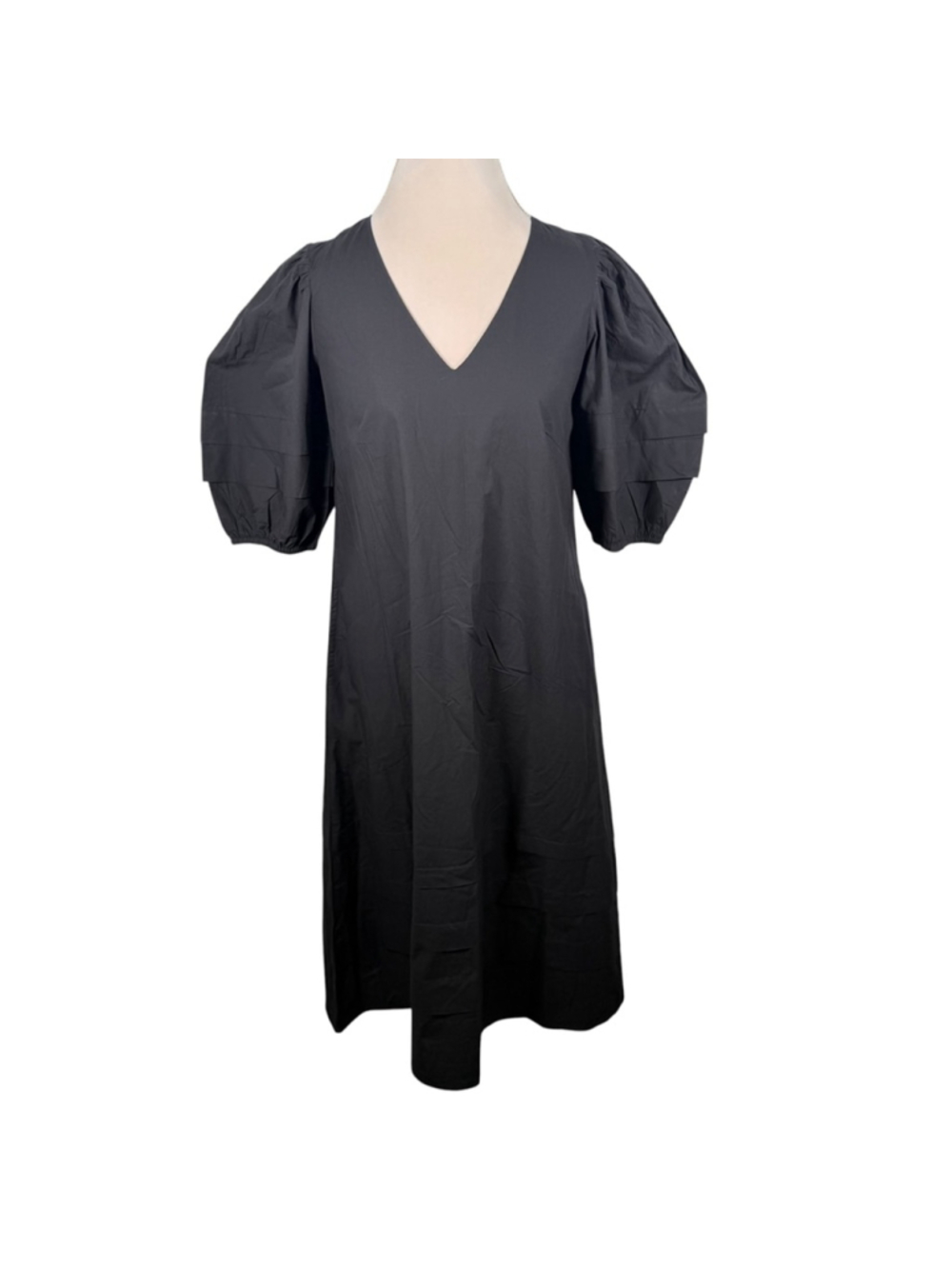 OLIVIA JAMES The Label Georgia Black Cotton Poplin V-Neck Puff Sleeve Midi Dress - Picture 2 of 11